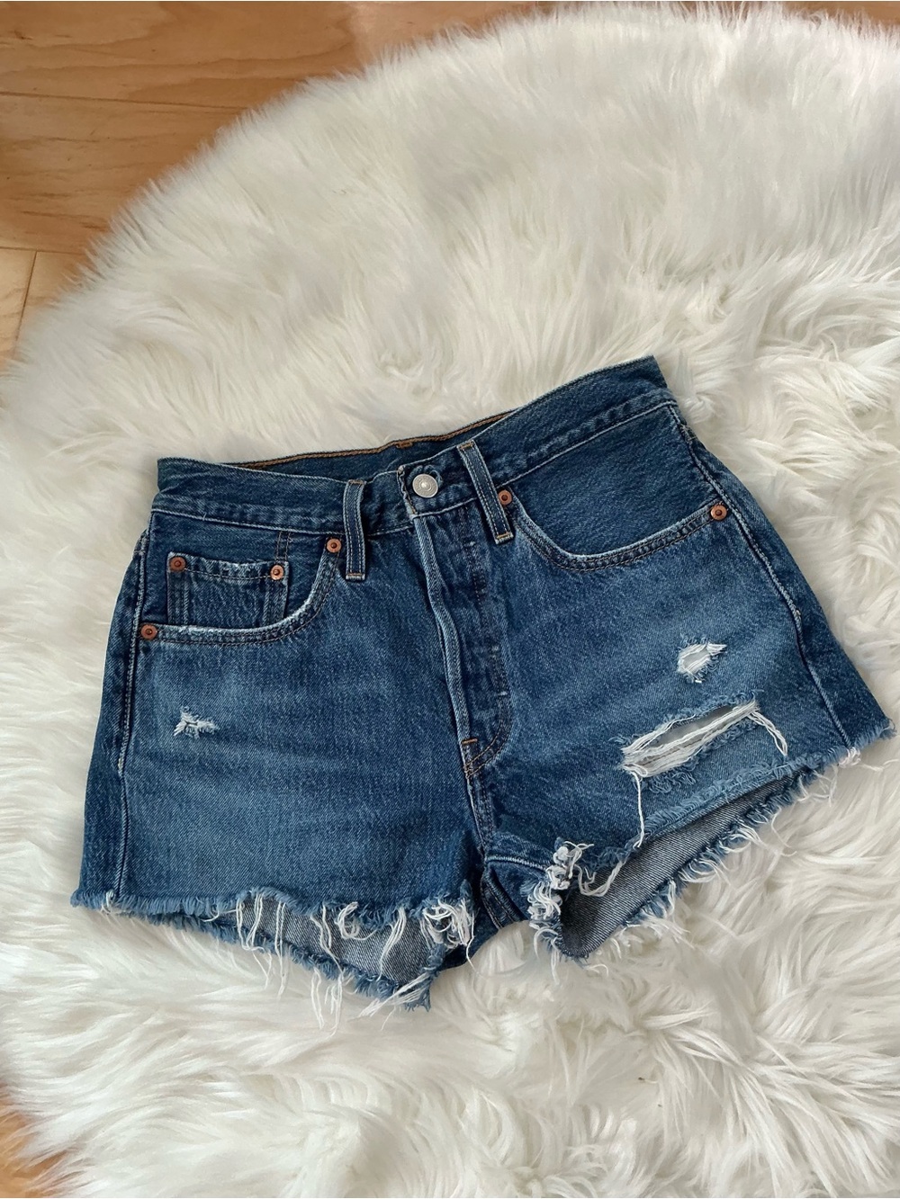 Levi's 501 Blue Distressed High Rise Denim Cutoff Shorts Size 26